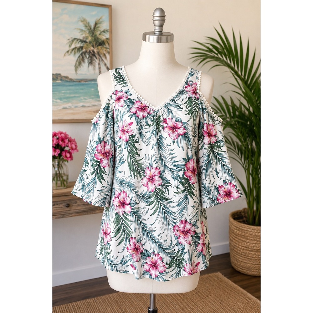 Solitaire Tropical Hibiscus Cold Shoulder Top Islandcore Cruise Aloha Medium